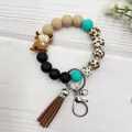 Highland cow silicone beaded bracelet keychain with brown tassel and leopard print beads - Highland Cow-Brown Cow Pattern