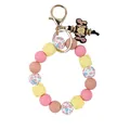 Floral silicone beaded wristlet keychain with octagonal beads and decorative Mom charm - Wristlet Style (K-2438) / Heathered Pink Yellow