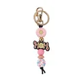 Pink floral silicone beaded keychain with MOM charm and daisy pendant for bag decor - Straight Lanyard Style (K-2438) / Pink and Black
