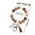Leopard print silicone bead bracelet keychain with coffee cup charm and leather tassel - Brown
