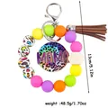 Colorful silicone bead wristlet keychain featuring MAMA leopard charm and tassel - Brown Tassel
