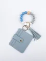 Light blue PU leather card holder with beaded wristlet keychain and tassel detail - Sea Blue Moissanite