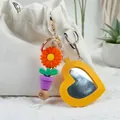 Cute yellow PU leather heart mirror keychain with colorful flower and plant charm bag accessory - Orange