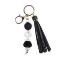 Porte-clés fait main avec pompon noir, fleur en silicone et perle en forme de cœur - Noir