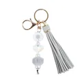 Porte-clés fait main avec pompon en cuir gris, marguerite blanche et breloque pompon - Blanc Cassé