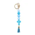 Premium blue silicone beaded cross keychain featuring Jesus print and stylish tassel charm - Lake Blue