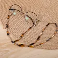 Elegante catena per occhiali in acrilico tartarugato e metallo dorato con perline - Stile Blocco Leopardato Tartarugato con Tubo Dorato (S-419)