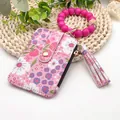 Blumiges PU-Leder-Kartenetui mit Silikonperlen-Armband und Schlüsselanhänger Set - Blumiger Stil (K-1156) / Fuchsia