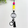 Handmade silicone beaded lanyard keychain with composition notebook charm and black tassel - Black & White Stripe (K-1539)