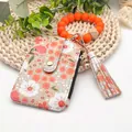 Floraler PU-Leder-Kartenhalter mit orangefarbenem Silikonperlen-Armband und Quaste - Blumiger Stil (K-1156) / Khaki