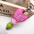 Pink silicone apple keychain with TEACH text and sparkling rhinestone ball charm - Keychain / Rose Red Keychain (K-1394)