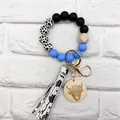Western cow print silicone bead keychain with highland cow wood disc and stylish tassel - Blue (K-1012)