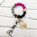 Western cow print silicone bead wristlet keychain with pink beads and cow charm - Rose Red (K-1012)