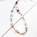 Multicolor acrylic beaded phone strap featuring faux pearls and a letter C black cube - Letter C Beaded Lanyard / Short 24cm / Multicolor (P008)