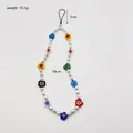 Colorful handmade flower beaded phone strap with silver pearls and 38cm total length - 38 cm / Multicolor Flower Glaze (P006)