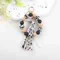 Leopard print silicone bead wristlet keychain with black and tan accents and matching tassel - Black Coffee Leopard (With Tassel)
