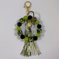 Camouflage silicone bead bracelet keychain with 14mm beads and matching green tassel - Green Black Camouflage (K311)