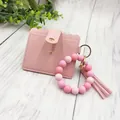 Pink PU leather card holder with matching silicone bead wristlet and tassel charm - Bracelet Card Holder Set / Light Pink