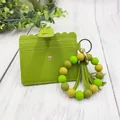 Bright green silicone bead wristlet card holder wallet with matching PU leather tassel keychain - Bracelet Card Holder Set / Grass Green