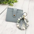 Stylish dusty blue PU leather card holder with colorful silicone bead bracelet and tassel - Bracelet Card Holder Set / Blue