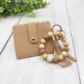 Elegant khaki PU leather card holder with matching silicone bead wristlet and tassel keychain - Bracelet Card Holder Set / Khaki
