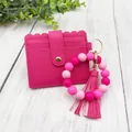 Vibrant hot pink PU leather card holder with matching silicone bead wristlet and tassel - Bracelet Card Holder Set / Rose Red