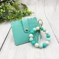Turquoise silicone bead wristlet keychain with matching PU leather card holder and tassel - Bracelet Card Holder Set / Lake Blue