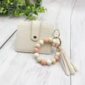 Cream PU leather card holder with colorful silicone bead bracelet and tassel keychain - Bracelet Card Holder Set / Beige