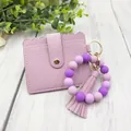 Purple silicone bead keychain bracelet with PU leather card holder and matching tassel - Bracelet Card Holder Set / Light Purple