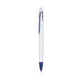 Custom plastic retractable ballpoint pen in white and blue for office and promotional use. - 1.0mm Black Ink / Dark Blue