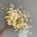 Detailed close-up of 16-fork artificial cream eucalyptus leaves with soft pink tips - 16 Branches Eucalyptus (YD202230) / Non-woven Champagne