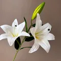 Realistic 3D artificial white lily branch with two flowers and one green bud for home decor - Two Flowers and One Bud / White