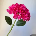 Detailed close-up of vibrant fuchsia silk hydrangea petals with realistic green leaves - Rose Red