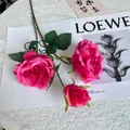 Detailed macro shot of three vibrant magenta artificial Austin roses on white lace. - Rose Red