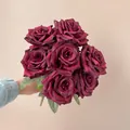 Realistic dark red artificial roses bouquet with 9 heads for home wedding decor - Burgundy
