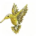 Close-up of a sparkling rhinestone hummingbird brooch with intricate gold-tone metalwork. - Antique Gold And Yellow