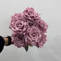 Close-up of 9-head artificial rose bouquet with realistic mauve petals for home decor - 9 Heads Bouquet / Bean Paste Purple