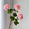 Close-up of pink 3-head artificial hydrangea flowers with realistic green leaves - Pink