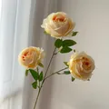 Primer plano de tres rosas de champán artificiales con pétalos de seda realistas. - Champaña