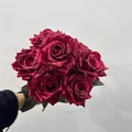 Detailed view of dark red artificial silk rose bouquet with 9 realistic flower heads - 9 Heads Bouquet / Red