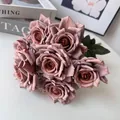 Detailed macro view of 7-head cappuccino silk rose bouquet for home and wedding decor - Dark Coffee