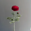 Close-up of a flocked 2-head red artificial Ranunculus flower with a budding stem - Red