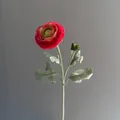 Close-up of realistic red flocked ranunculus artificial flower with green bud - Watermelon red