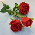 Handcrafted artificial red silk rose branch with three flower heads for home decoration - Red