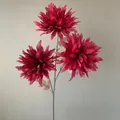 Close-up view of three dark red artificial flame chrysanthemum flower heads on a stem. - 3-Head Flame Chrysanthemum / Red