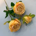 Realistic apricot 3-head artificial rose silk flower for home and wedding decor. - Yellow