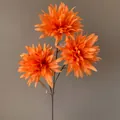 Detail view of vibrant orange artificial 3-head flame chrysanthemum flowers for decoration. - 3-Head Flame Chrysanthemum / Orange