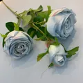 Elegant dusty blue 3-head artificial silk roses for home wedding decor - Blue
