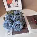 Elegant dusty blue artificial 9-head rose bouquet for European style wedding and home decor - Haze Blue