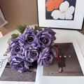 Handcrafted elegant 9-head artificial purple roses bouquet for wedding home decor - Purple